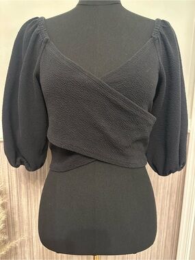 Maeve Anthropologie Black Wrap Crop Top M Puff Sleeve Textured Cotton Blend